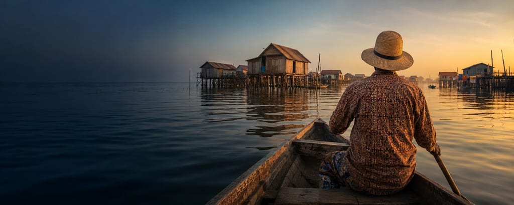 Une pirogue glisse au coucher du soleil vers un village de maisons sur pilotis.