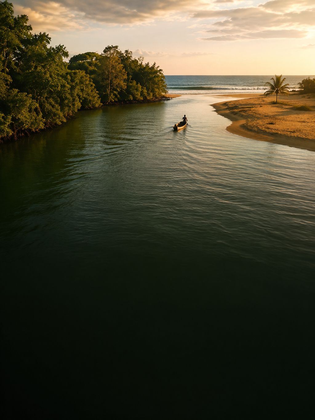 Une pirogue descend le fleuve vers l'océan entre mangrove et banc de sable, à l'embouchure.